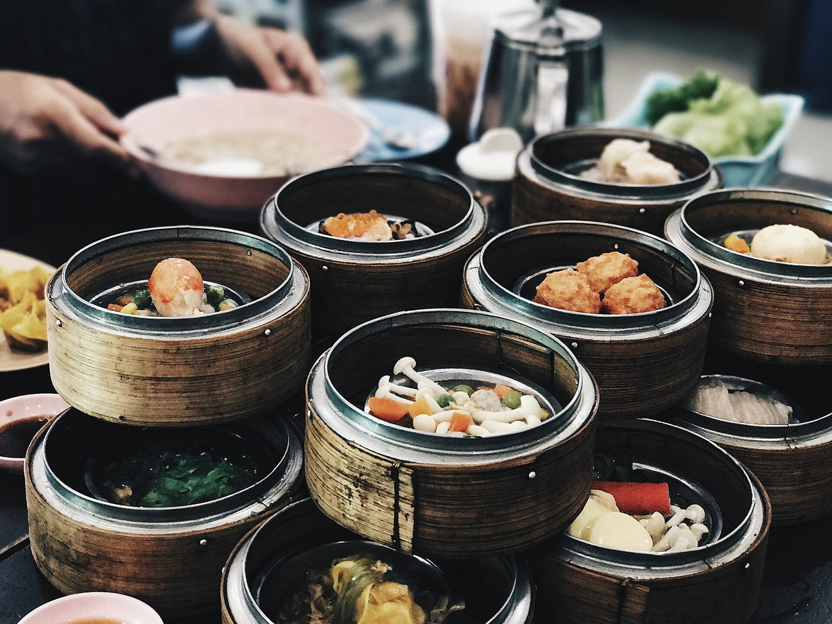 A dim sum breakfast spread, a traditional food pairing for jasmine tea