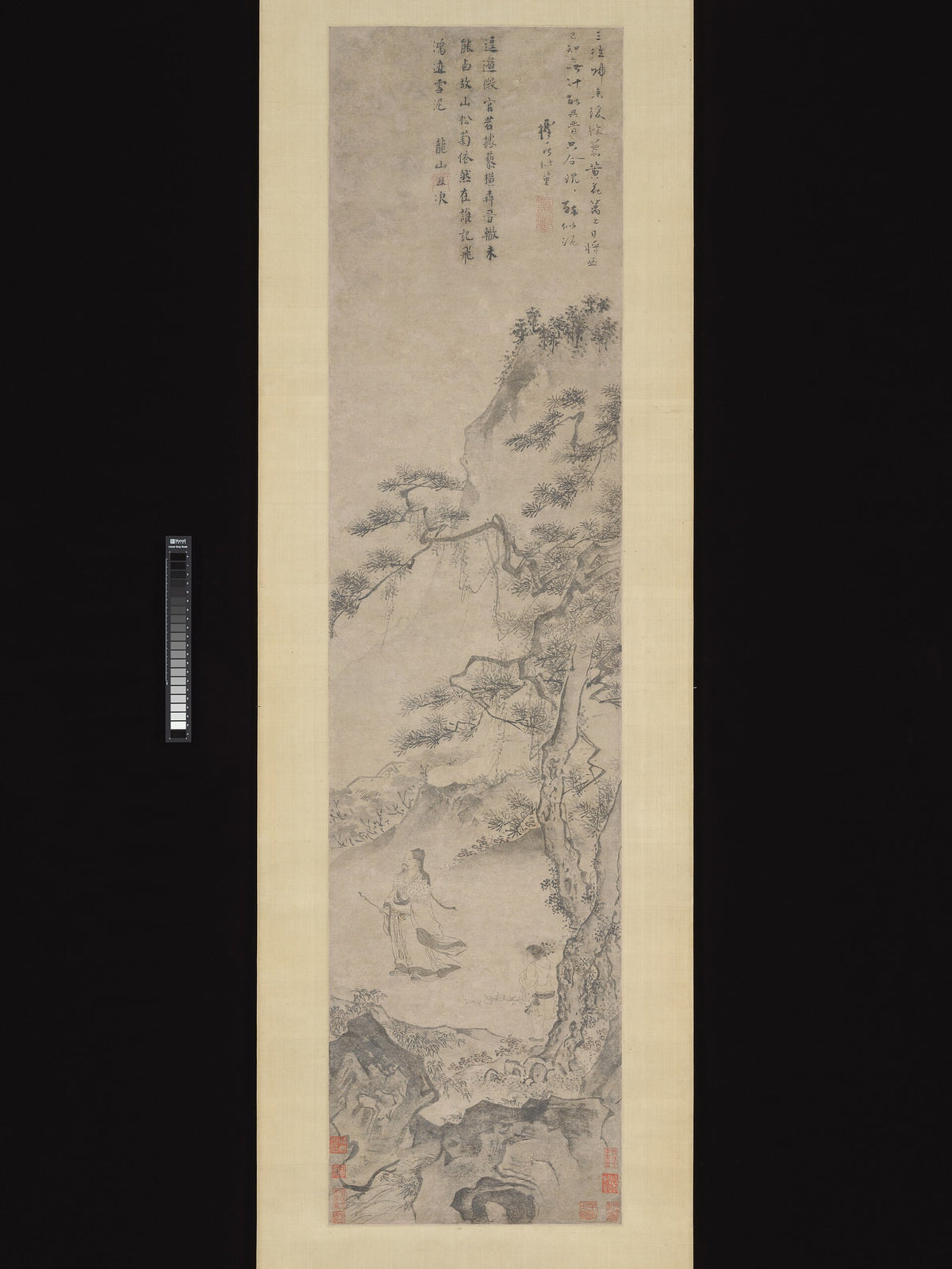 A historic Chinese painting depicting the poet Tao Yuanming enjoying chrysanthemums, the figure credited with popularizing the flower